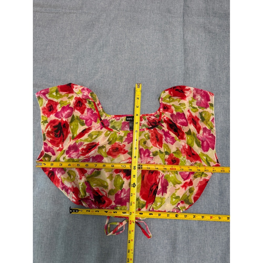 Wet Seal Y2K Floral Crop Top Red Pink Rose Sheer Flutter Sleeve Tie Hem Blouse L - Picture 5 of 5